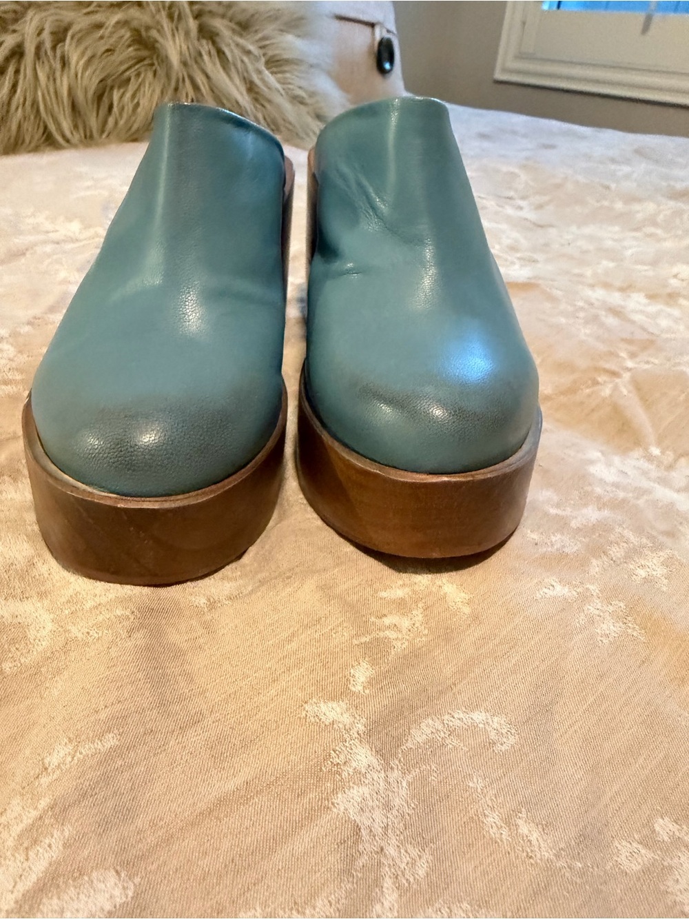 Free People Sky Blue Leather Slide Clogs with Wooden Block Heel, Size 39 - Picture 2 of 11